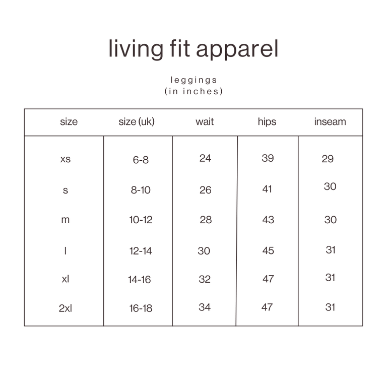 Size Guide for Black Ultra Flex Leggings