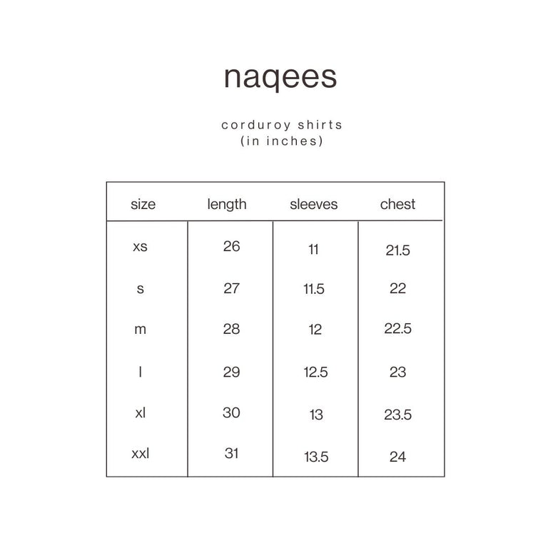 Size Guide for Green Corduroy