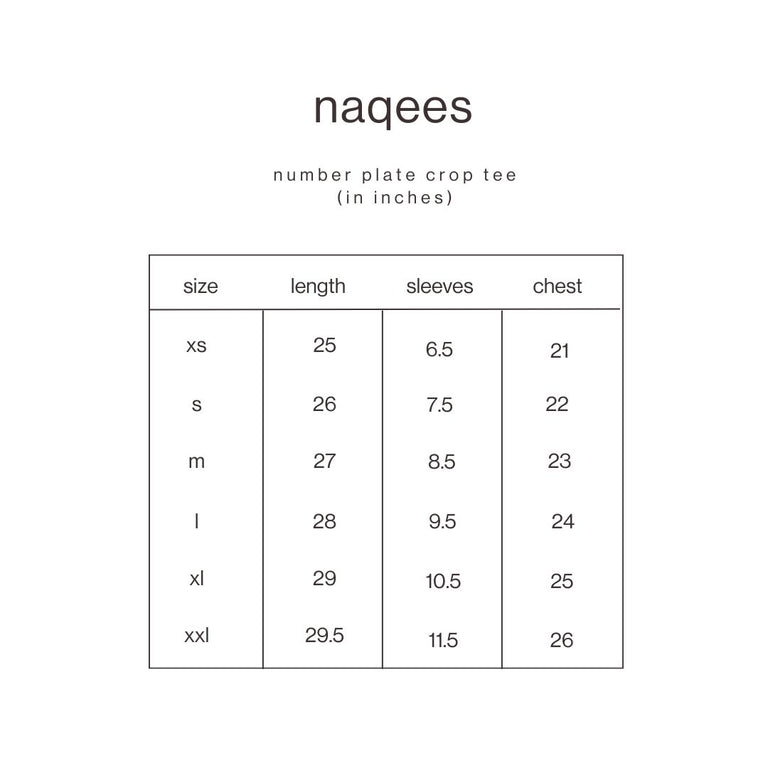 Size Guide for Number Plate Crop Tee