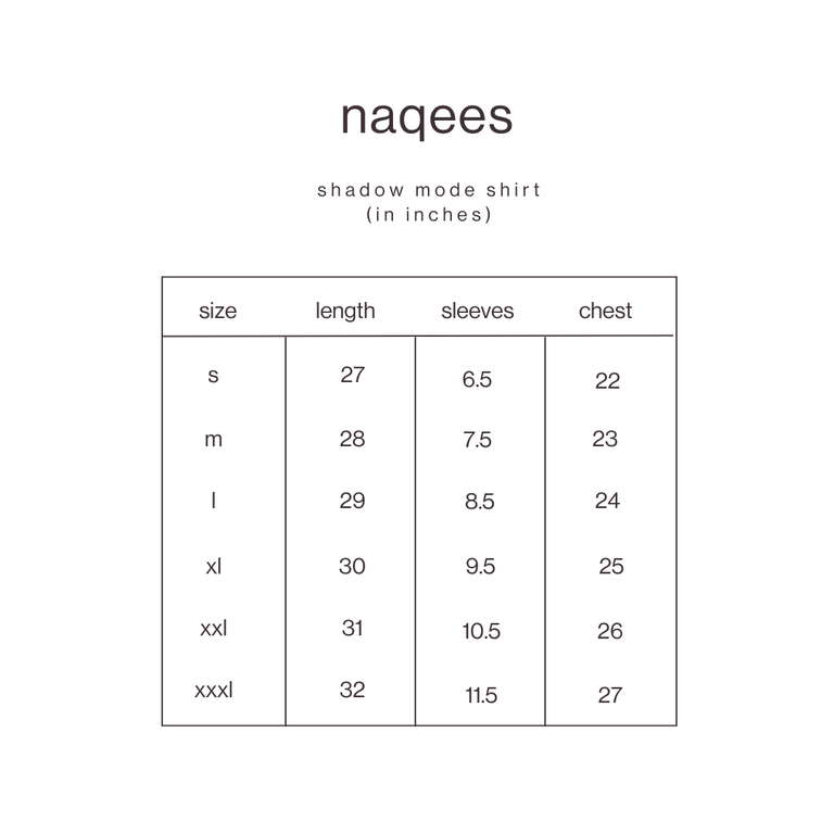 Size Guide for Black Shadow Mode T-Shirt