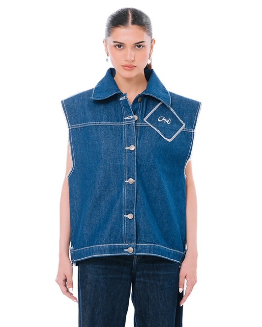 naqees path sleeveless denim jacket in blue cult