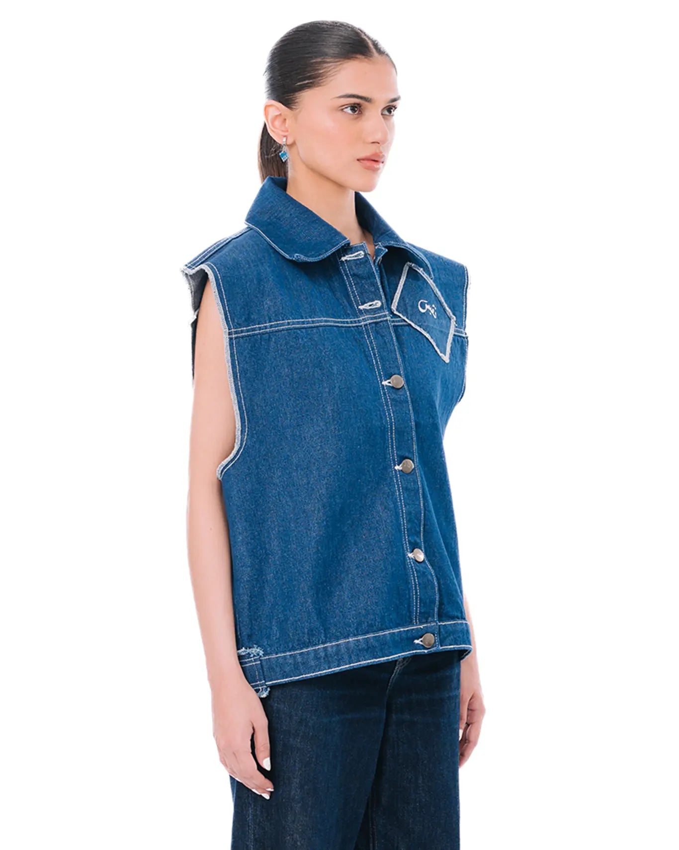 naqees path sleeveless denim jacket in blue cult