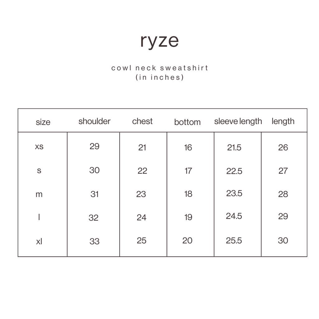 Size Guide for Oversized Cowl Neck Sweatshirt