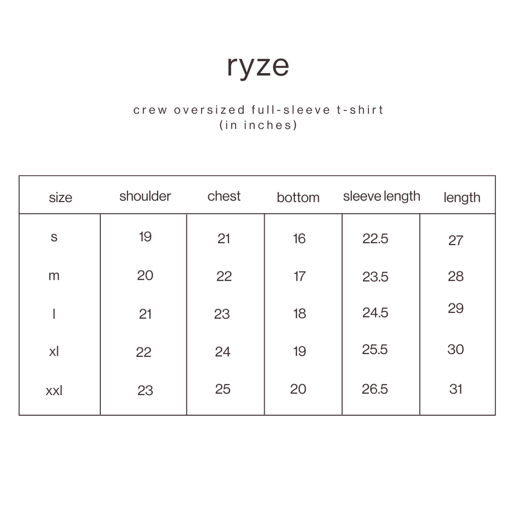 Size Guide for Crew Oversized Full Sleeve T-Shirt