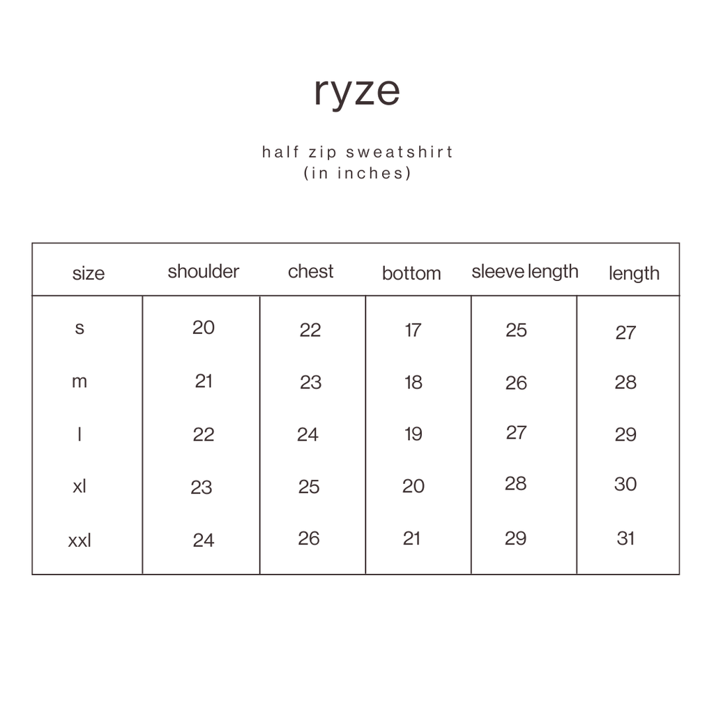 Size Guide for Half Zip Sweatshirt