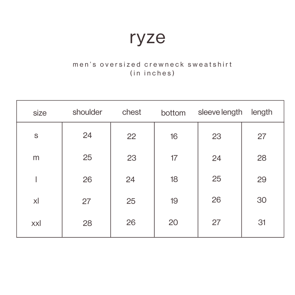 Size Guide for Crew Oversized T-Shirt