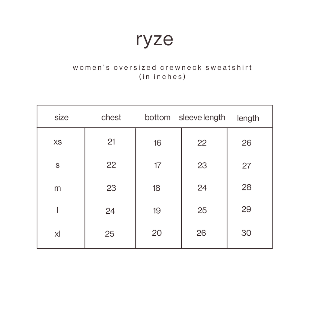 Size Guide for Oversized Crewneck Sweatshirt