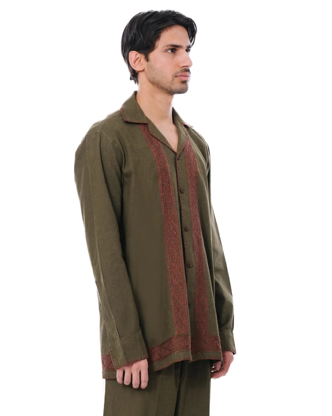 wear oga Moss Green Organic Hand Embroided Shirt cult men