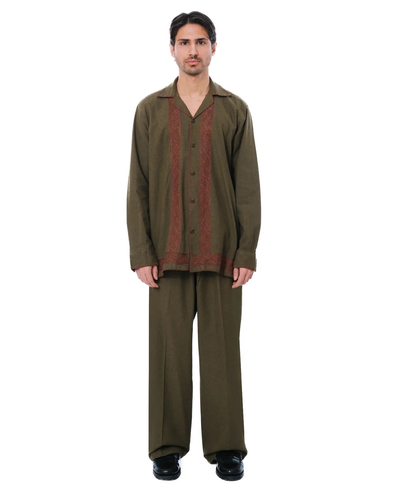 wear oga Moss Green Organic Hand Embroided Shirt cult men